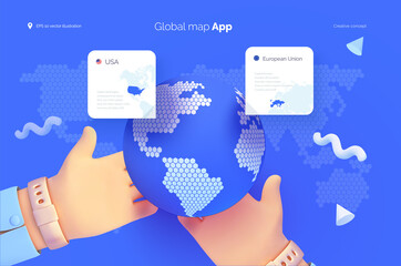 Poster - Hands hold a globe. World map user interface. Mobile application for travel and tourism. Country statistics. Global map of the world. Vector illustration 3d style