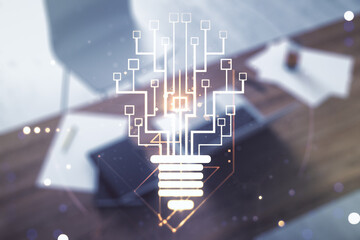 Aufkleber - Creative light bulb illustration with microcircuit and modern desktop with pc on background, future technology concept. Multiexposure