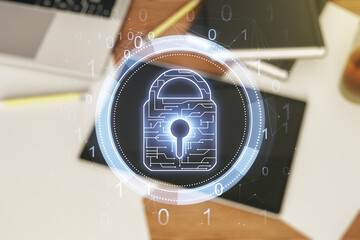 Poster - Creative idea concept with lock symbol and microcircuit illustration and modern digital tablet on background, top view. Protection and firewall concept. Multiexposure