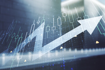 Abstract creative financial diagram and upward arrow hologram on contemporary business center exterior background, growth and development concept