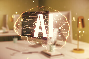 Poster - Creative artificial Intelligence concept with human brain sketch on modern computer background. Double exposure