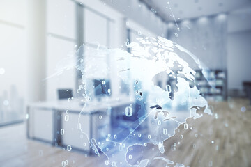 Poster - Double exposure of abstract programming language hologram and world map on modern corporate office background, research and development concept