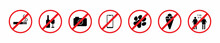 Forbidden Icons Of Cigarette, Alcohol, Drink, Dog, Camera, Telephone. Set Of Prohibited Sings. Ban Symbol Of Cigarette, Alcohol, Drink, Dog, Camera, Telephone. Vector