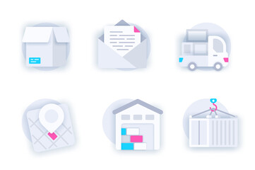 Poster - Delivery service web concept of 3d paper icons set. Pack flat pictograms of parcel box, letter in envelope, truck, location tracking, warehouse, container. Vector elements for mobile app and website