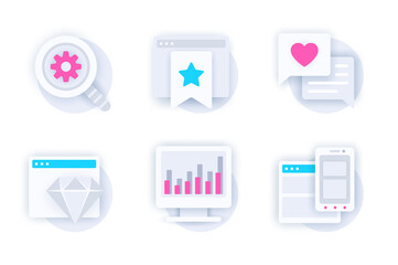 Poster - Seo optimization web concept of 3d paper icons set. Pack flat pictograms of search magnifier, browser bookmarks, chat feedback, high quality, statistics. Vector elements for mobile app and website