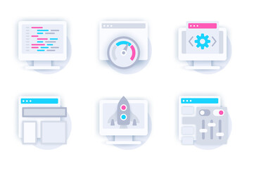 Web development concept of 3d paper icons set. Pack flat pictograms of programming, coding, traffic speed, settings, page layout, digital startup launch. Vector elements for mobile app and website