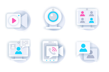 Poster - Video conference web concept of 3d paper icons set. Pack flat pictograms of cameras, screen with group online call, working discussion on video meeting. Vector elements for mobile app and website