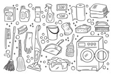 Set Of Outline Doodle Cleaning Equipment. Washing Machine, Household Chemicals, Vacuum Cleaner, Towel, Brush And Gloves. Hand Drawn Laundry Vector Illustrations. Housework Icon Collection