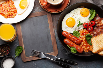 Poster - English breakfast with fried eggs, beans, bacon and sausages