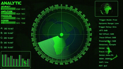 Poster - Radar HUD Screen Animation 4K. Motion graphic of colorful sonar radar screen searching an object with line digital technology background, Futuristic animation concept seamless loop video	
