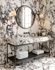 3d render of an elegant luxurious all Calacatta Viola marble bathroom with 2 plated shade wall lamps and countertop vanity