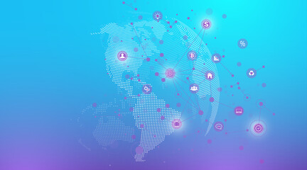 Fototapete - World map point with global technology networking concept. Digital data visualization. Lines plexus. Big Data background communication. Scientific illustration.