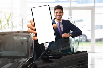 Wall Mural - Emotional businessman choosing new car, showing mobile phone, mockup