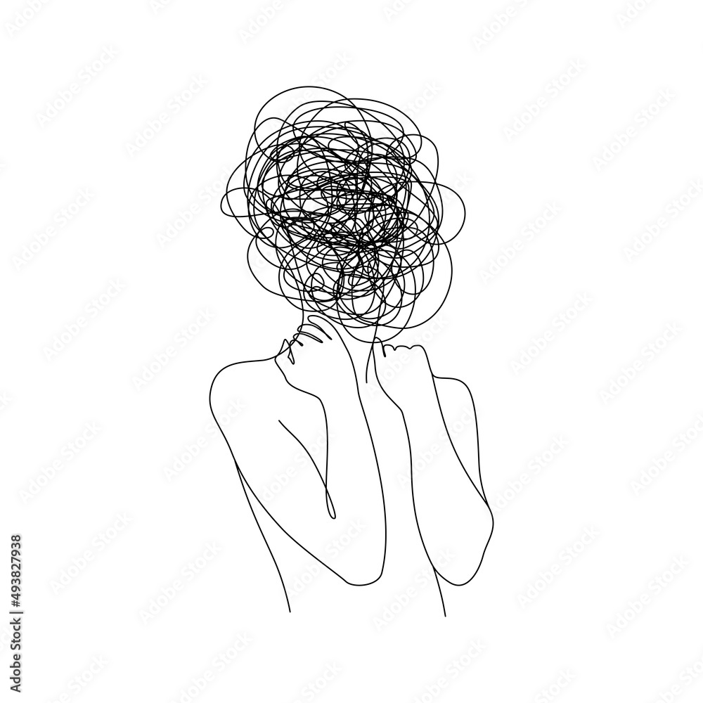 Vector de Stock Continuous one line drawing of a woman with confused ...