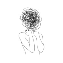 Continuous One Line Drawing Of A Woman With Confused Messy Feelings Worried About Bad Mental Health. Problems Stress Illness And Depression Concept In Simple Linear Style. Doodle Vector Illustration