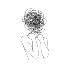 Poster - Continuous one line drawing of a woman with confused messy feelings worried about bad mental health. Problems stress illness and depression concept in simple linear style. Doodle Vector illustration