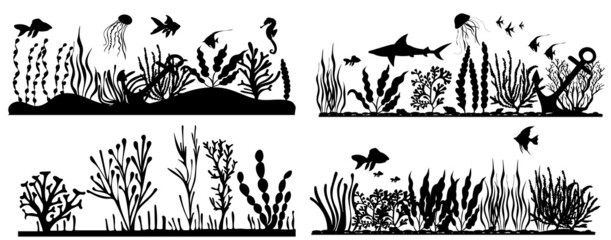 Wall Mural - collection of algae and fish silhouette isolated vector