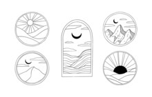 Outline Minimalist Sunset Vector Logos. Circle And Arc Badges With Mountain, Desert, Sea, Moon And Sun. Spa And Travel Illustrations. Perfect For Brand, Identity, Stamps, Logotypes