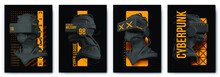 Modern Collection Of Posters Cyberpunk Yellow Military Technology In The Style Of Techno, Rave Music And Of The Future Virtual Reality With Plaster Heads. Print T-shirts Isolated On Black Background