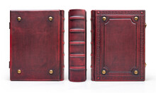 Red Leather Book Cover With The Frame And Metal Pins