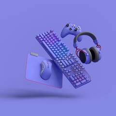 Poster - flying gamer gears like mouse, keyboard, joystick, headset, vr