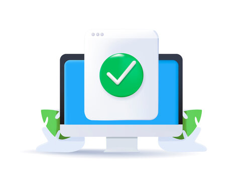 Document file with approved check mark on computer screen. 3d vector icon. Cartoon minimal style. Confirmed online document file check approval. Desktop or pc computer quality control of text writing