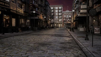 Poster - Old 1920s film noir style city street in the evening. 3D rendering.