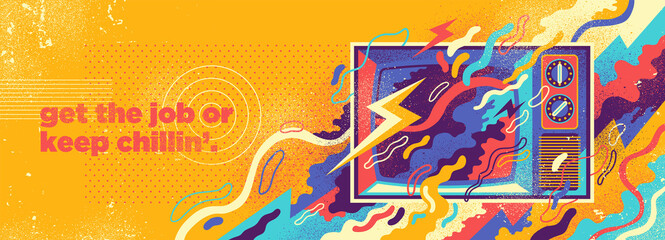 Wall Mural - Abstract illustration in graffiti style, with retro TV set and colorful splashing shapes. Vector illustration.