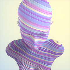 Figure in the shape a sculpture of a woman bust is composed of thin slices of neon color. 3d render digital illustration