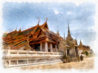 Landscape of the Grand Palace ancient Thai architecture in Bangkok Thailand watercolor style illustration impressionist painting.