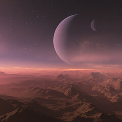 3d rendered Space Art: Alien Planet - A Fantasy Landscape with purple skies and stars