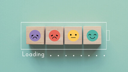 Wall Mural -
Emotion wooden blocks in loading bar ,mental health assessment, child wellness,world mental health day, think positive, compliment day concept