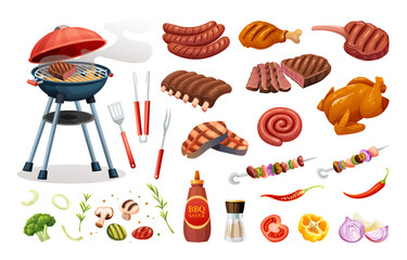 Set of barbecue elements grilled meat and ingredients. BBQ party concept in cartoon style