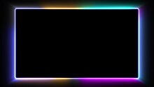 Neon Colorful Rectangular Frame With Shining Effects On Black Background With Copy Space. Empty Glowing Techno Backdrop. Seamless Looping. Video Animated Background.