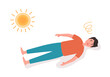 Guy fainting with heatstroke symptom from strong sunlight in flat design on white background.