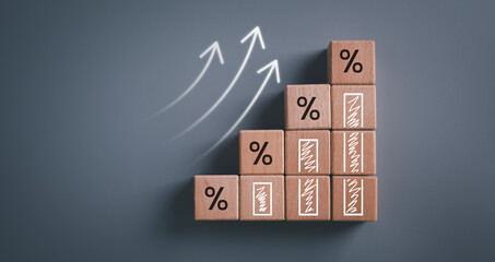 Business development to success and growing growth concept, Wooden blocks with percentage sign and arrow up, represent in meanings of interest rate increase, performance, sales, percent growth.