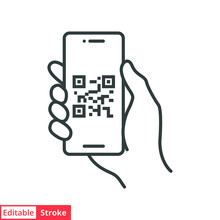 QR Code Scanning In Smartphone Screen. Hand Holding Mobile Phone. Simple Line Icon Style, Barcode Scanner For Pay, Web, Mobile App. Vector Illustration Isolated. Editable Stroke EPS 10.
