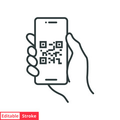 qr code scanning in smartphone screen. hand holding mobile phone. simple line icon style, barcode sc