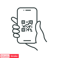 QR code scanning in smartphone screen. Hand holding Mobile phone. Simple line icon style, barcode scanner for pay, web, mobile app. Vector illustration isolated. Editable stroke EPS 10.