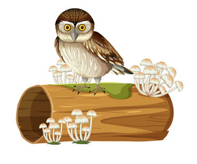 Wall Mural - Owl standing on stump in cartoon style