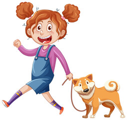 Sticker - Teenager girl walking with pet  cartoon character on white backgrouns