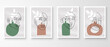 © FKVT - Set of minimal one line wall art in white frames. Foliage line art drawing with abstract shape composition earth tone. Pot, woman, leaf art vector illustration.