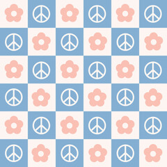 Poster - Checkerboard  seamless pattern with  geometric shaped flowers and peace symbols. Trendy vector background in retro style 60s, 70s. Pastel colors
