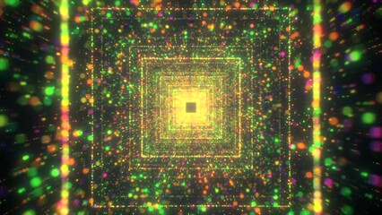 Poster - A bright abstraction consisting of geometric shapes. Motion. A bright green background that consists of squares that lead deep into the tunnel.