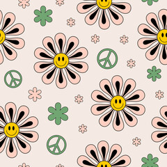 Poster - Retro groovy seamless pattern with cute smiling flowers and peace symbols on pastel background.  Colorful trendy vector illustration in style 70s, 80s