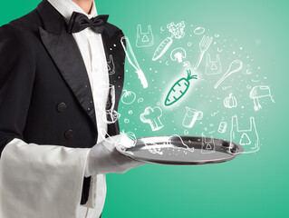 Waiter holding silver tray with food icons above