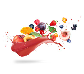 Wall Mural - Different fruits and berries in splashes of juice isolated on a white background