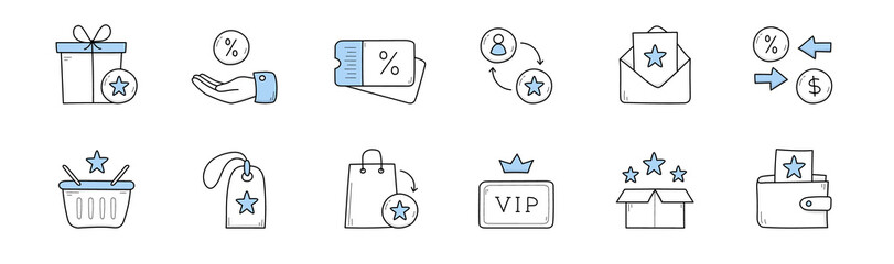Set of loyalty program doodle icons gift box, hand with percent sign, sale coupon or tag, envelope, shopping basket and bag, vip client card, stars in box and wallet, Line art vector illustration