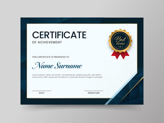 Sticker - Horizontal Certificate Of Achievement Template In Blue And White Color.