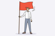 Happy young businessman hold flag demonstrate goal achievement. Smiling male employee or worker show leadership and motivation. Aim accomplishment and success. Vector illustration. 